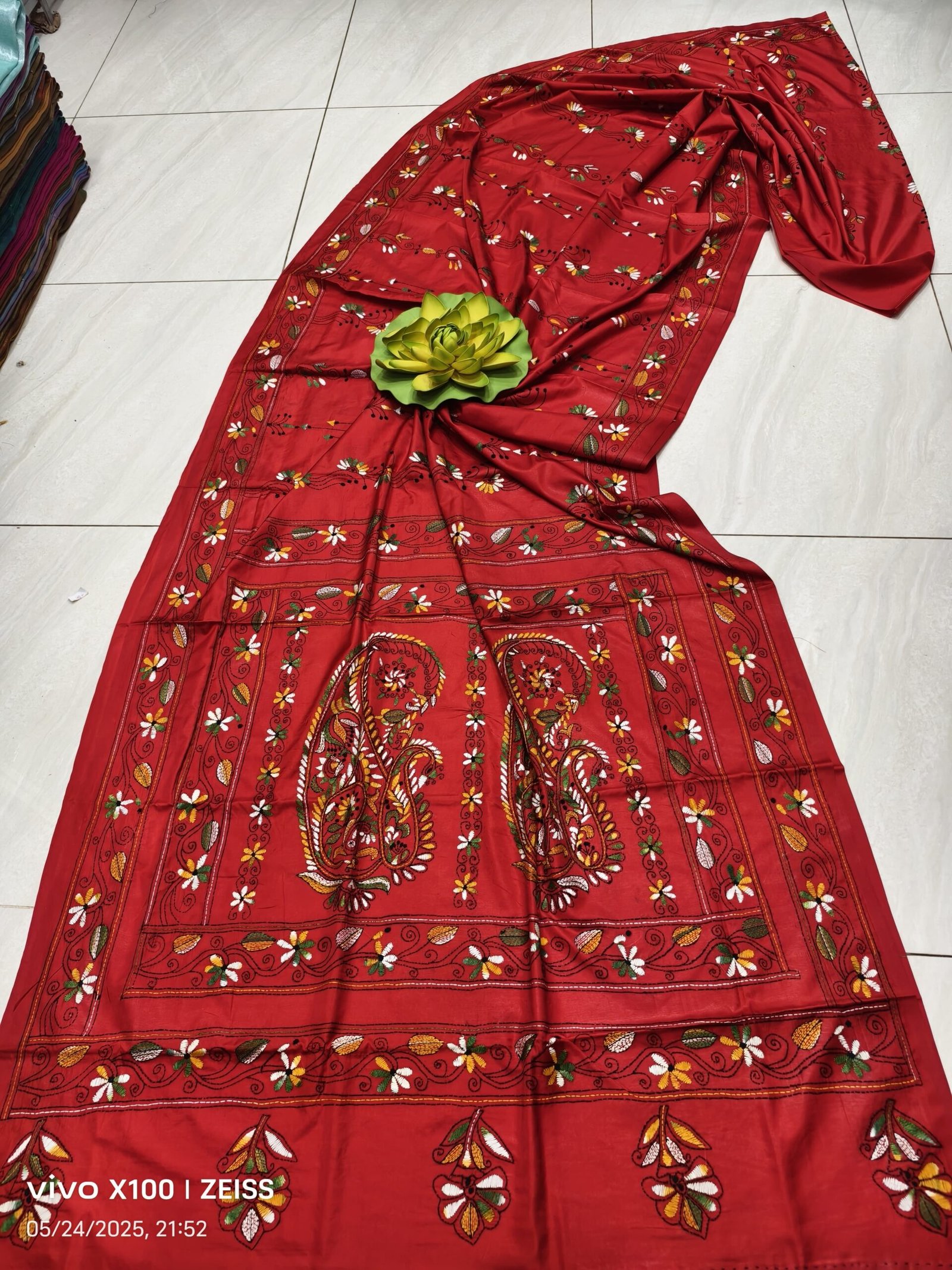 Assam Silk Saree with Vibrant Multicolor Kantha Hand Embroidery