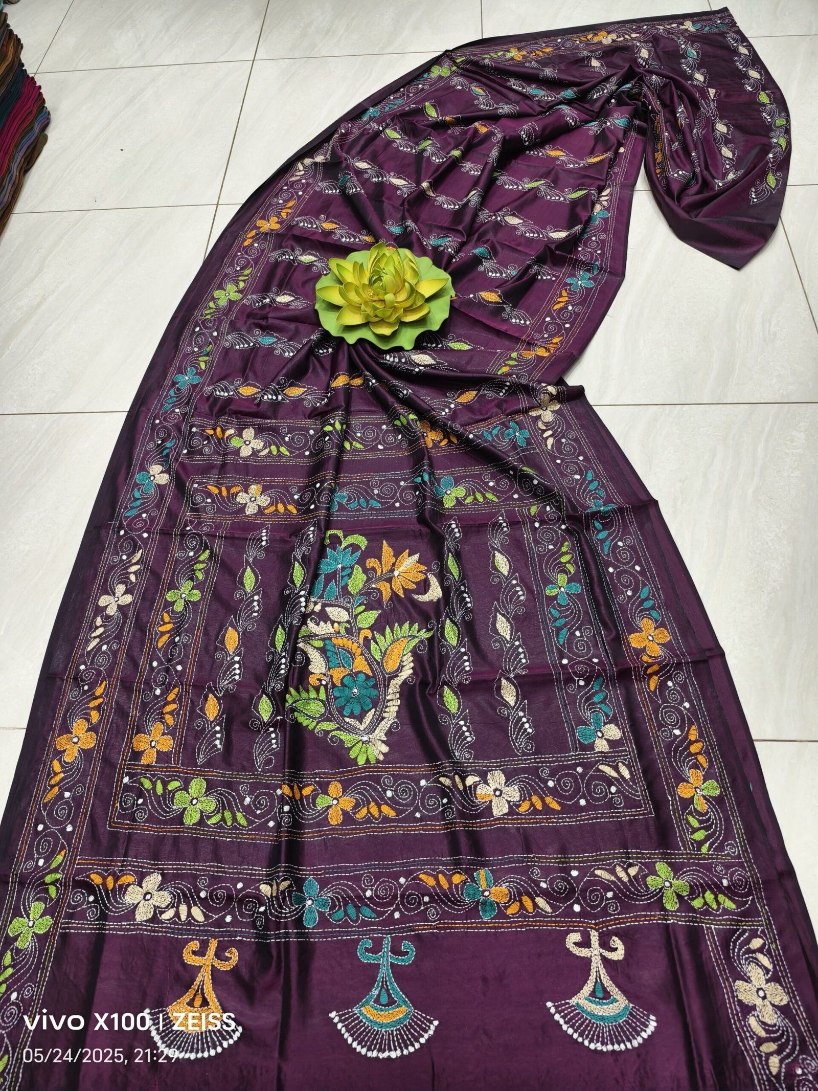 Assam Silk Saree with Vibrant Multicolor Kantha Hand Embroidery