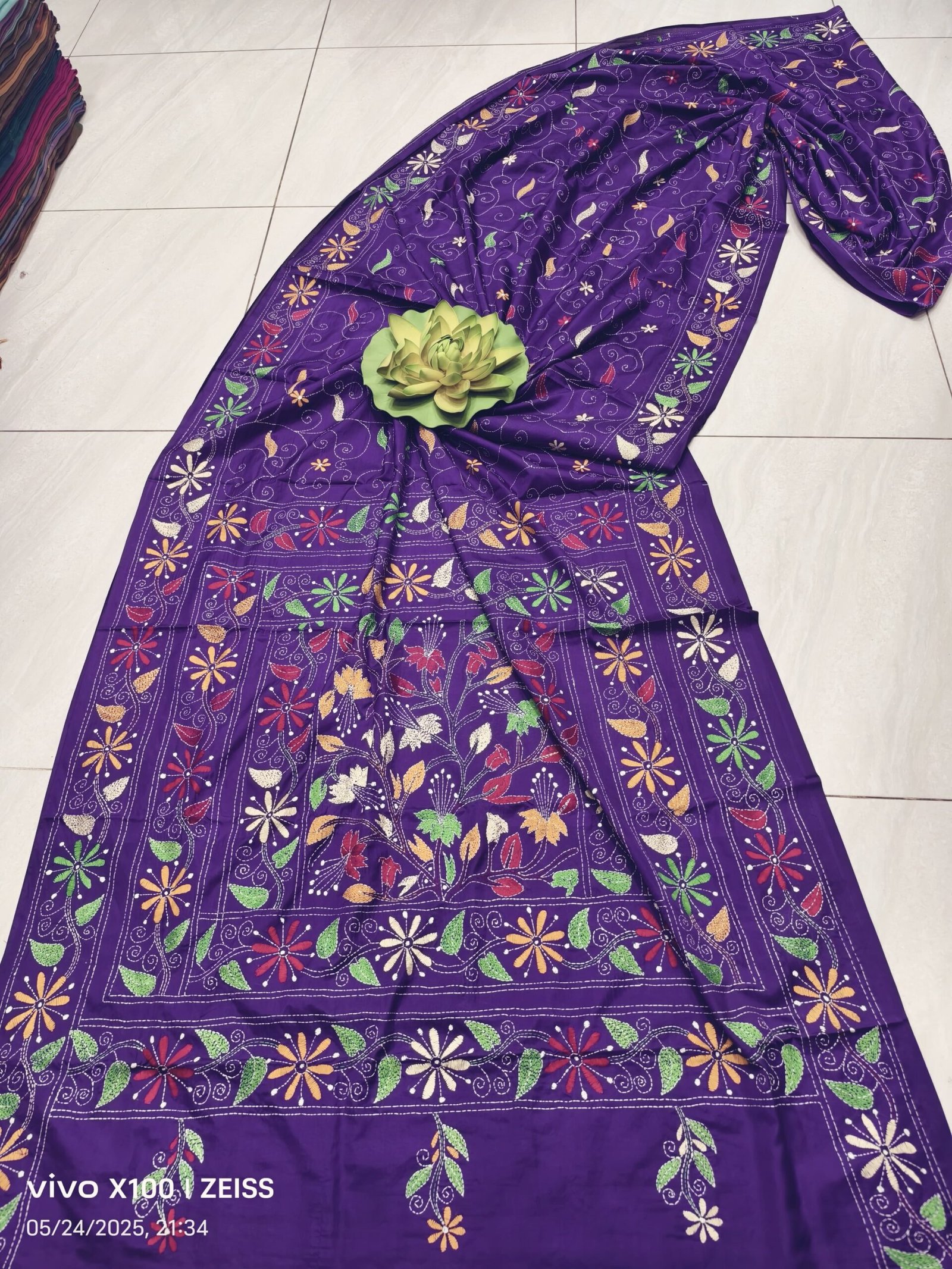 Assam Silk Saree with Vibrant Multicolor Kantha Hand Embroidery