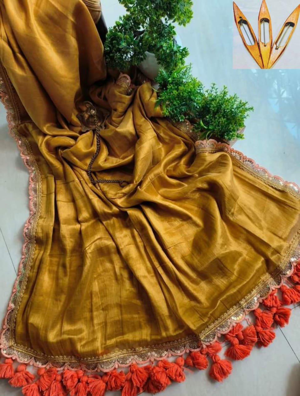 Dark Mustard Pure Raga Tissue Silk Handcrafted Sari – Elegant Traditional Wear