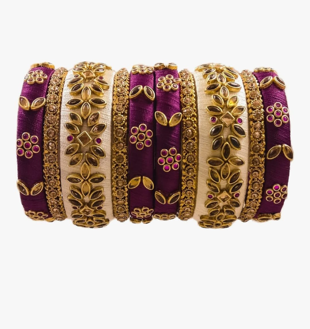 Purple & cream Designer Multi-Colour Thread Bangles