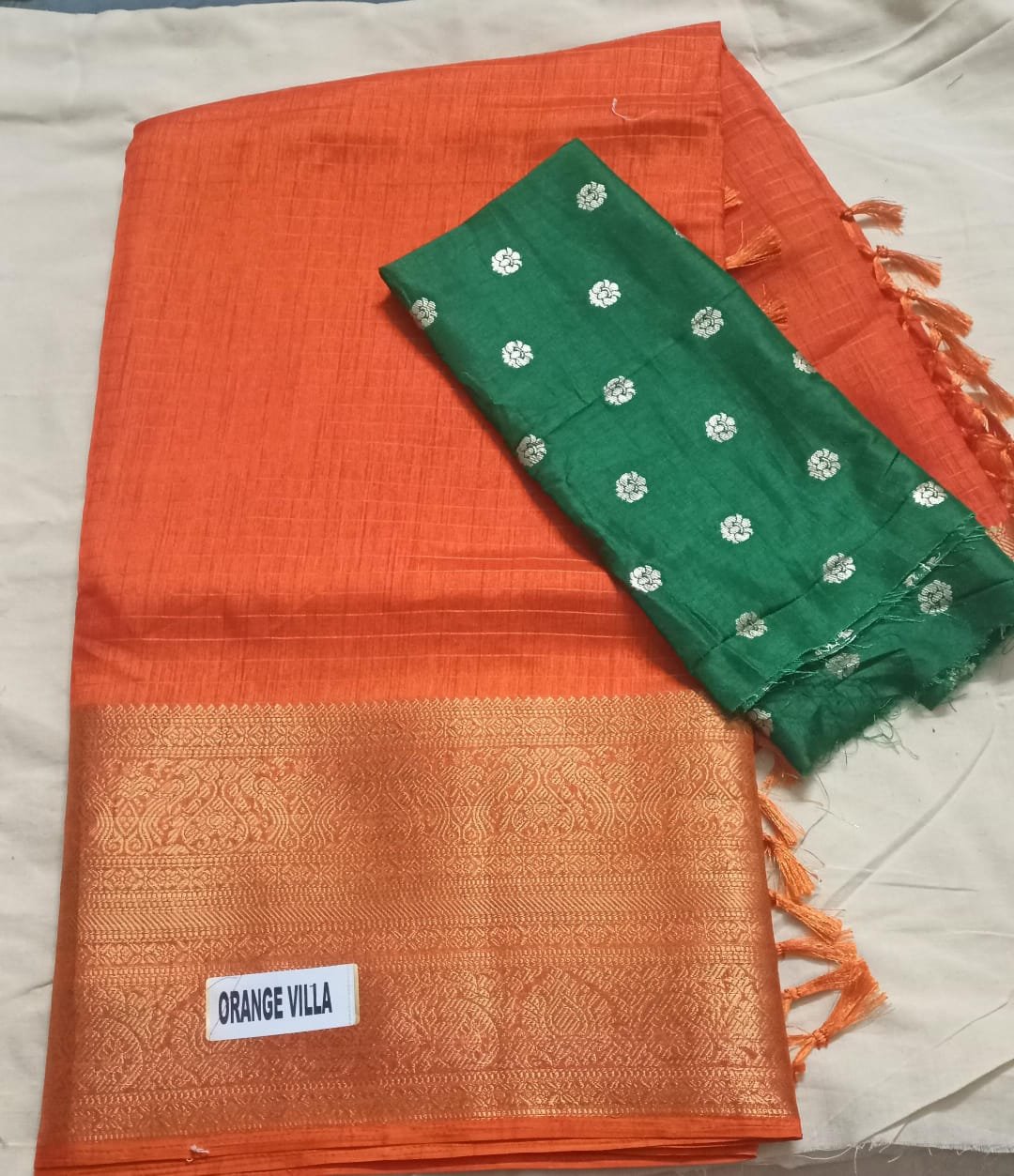 Orange - Red Saree with Green Emerald Blouse