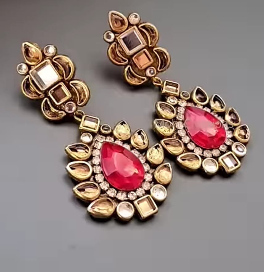 Elegant Gold & Red Stone Earrings for Women – Festive & Party Wear