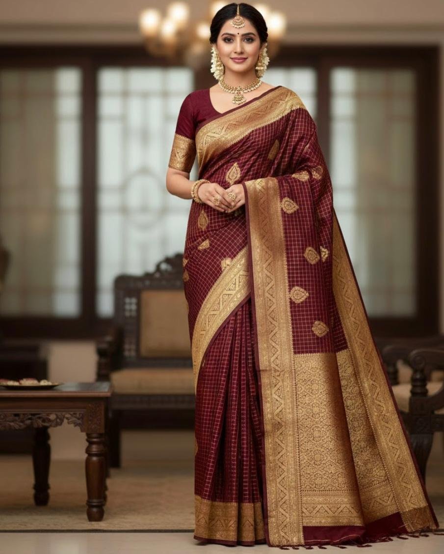 Classy Deep Maroon Banarasi Soft Silk Saree Silk