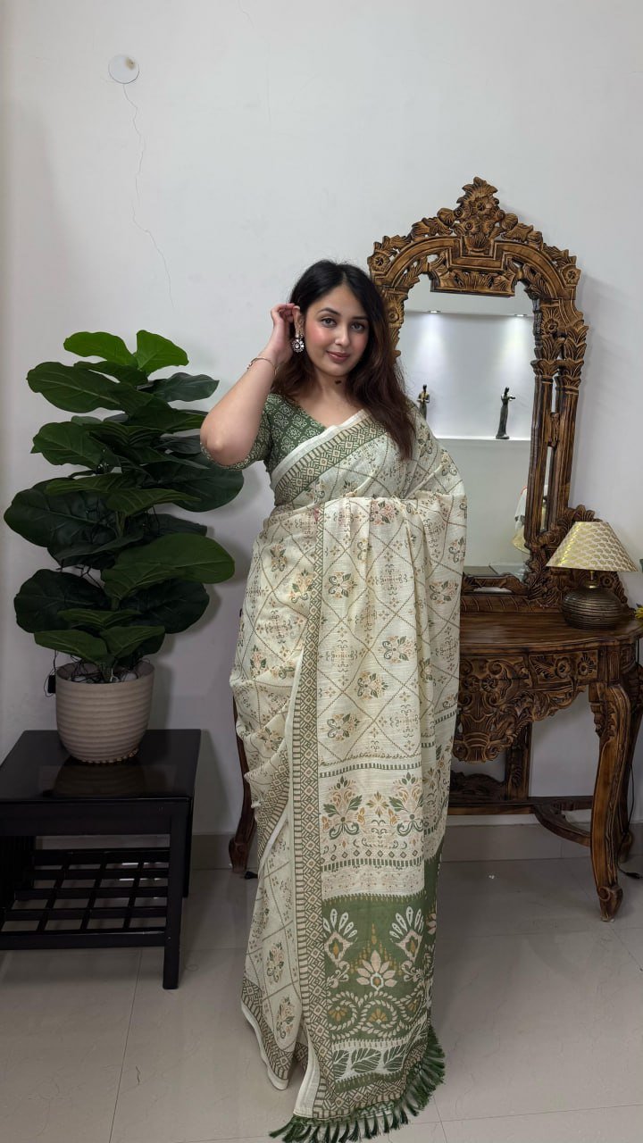 Linen Cotton Blend Printed Saree with Tasselled Pallu & Matching Blouse Piece