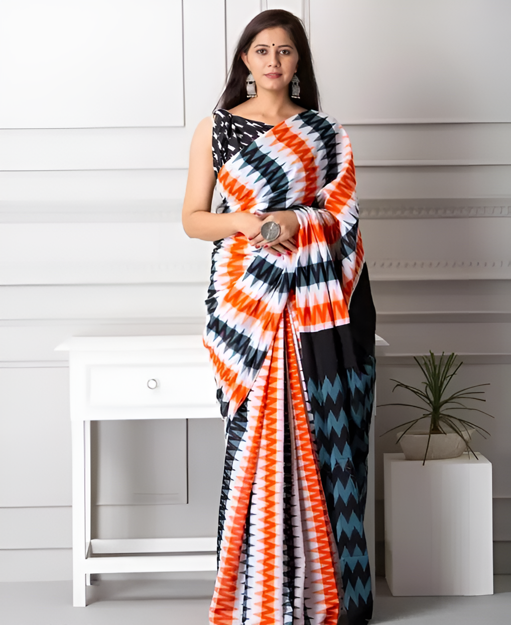 Georgette Printed Sari with Pearl Lace Border in Pink