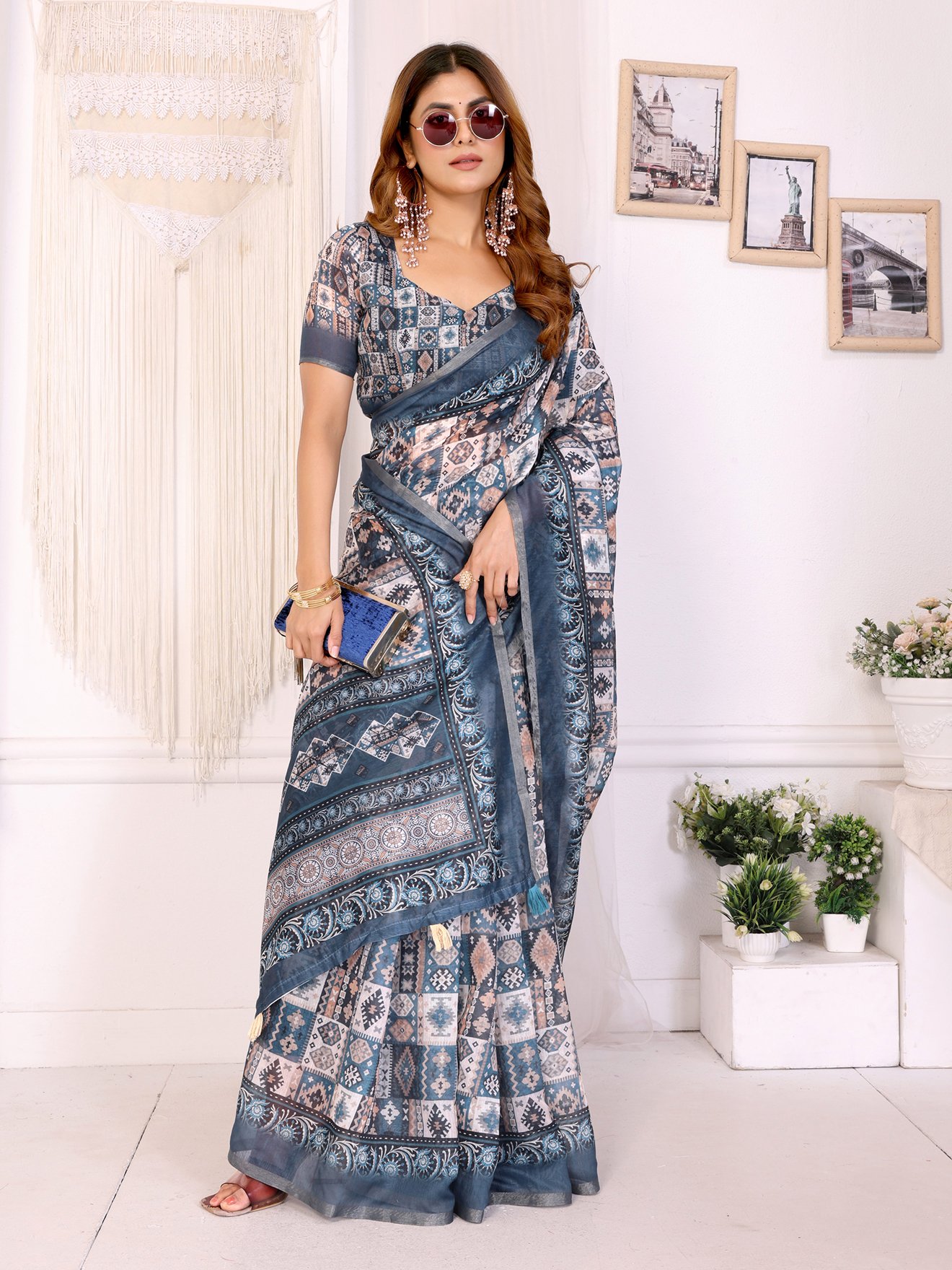 Stylish White, Grey & Blue Accents Chanderi Saree with Digital Geometric Print