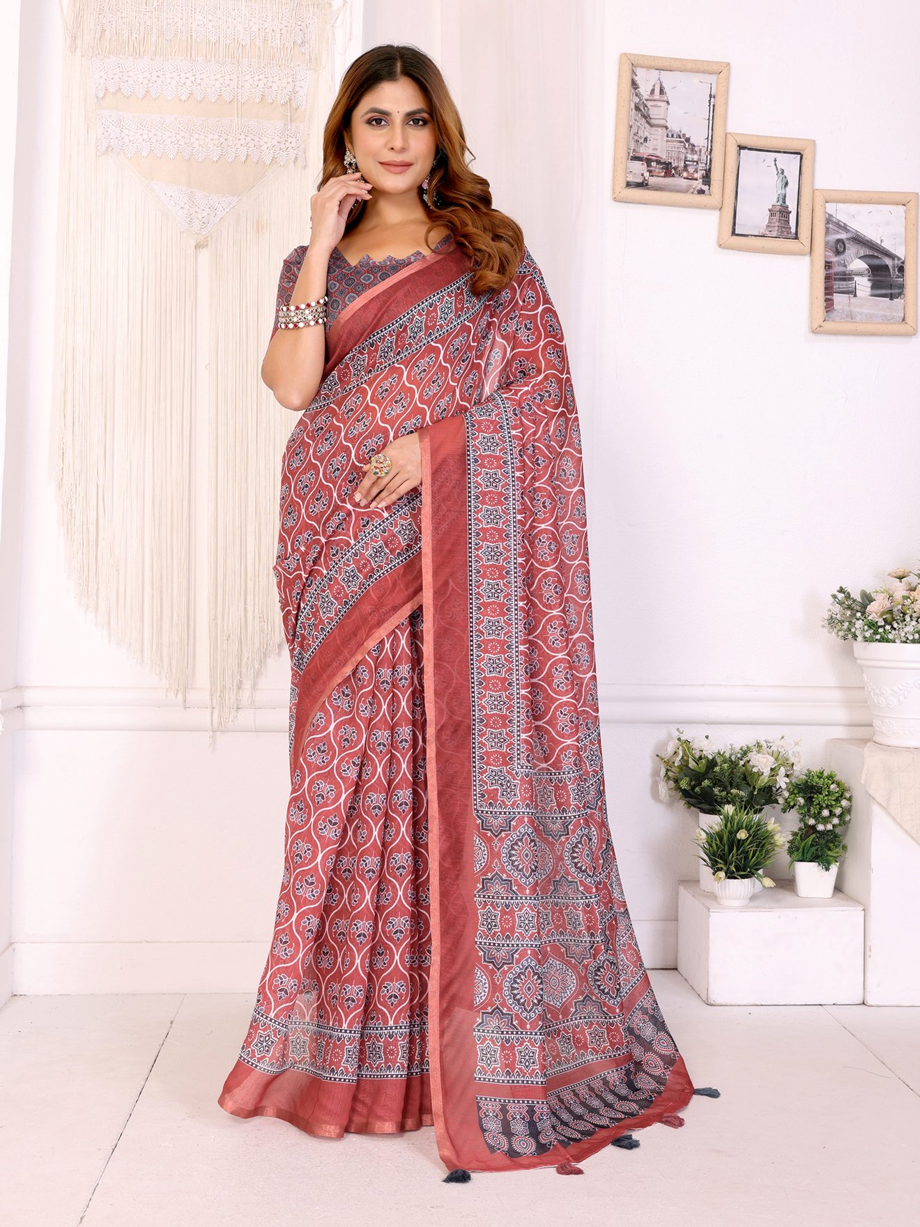 Rust Red Traditional Printed Chanderi Saree