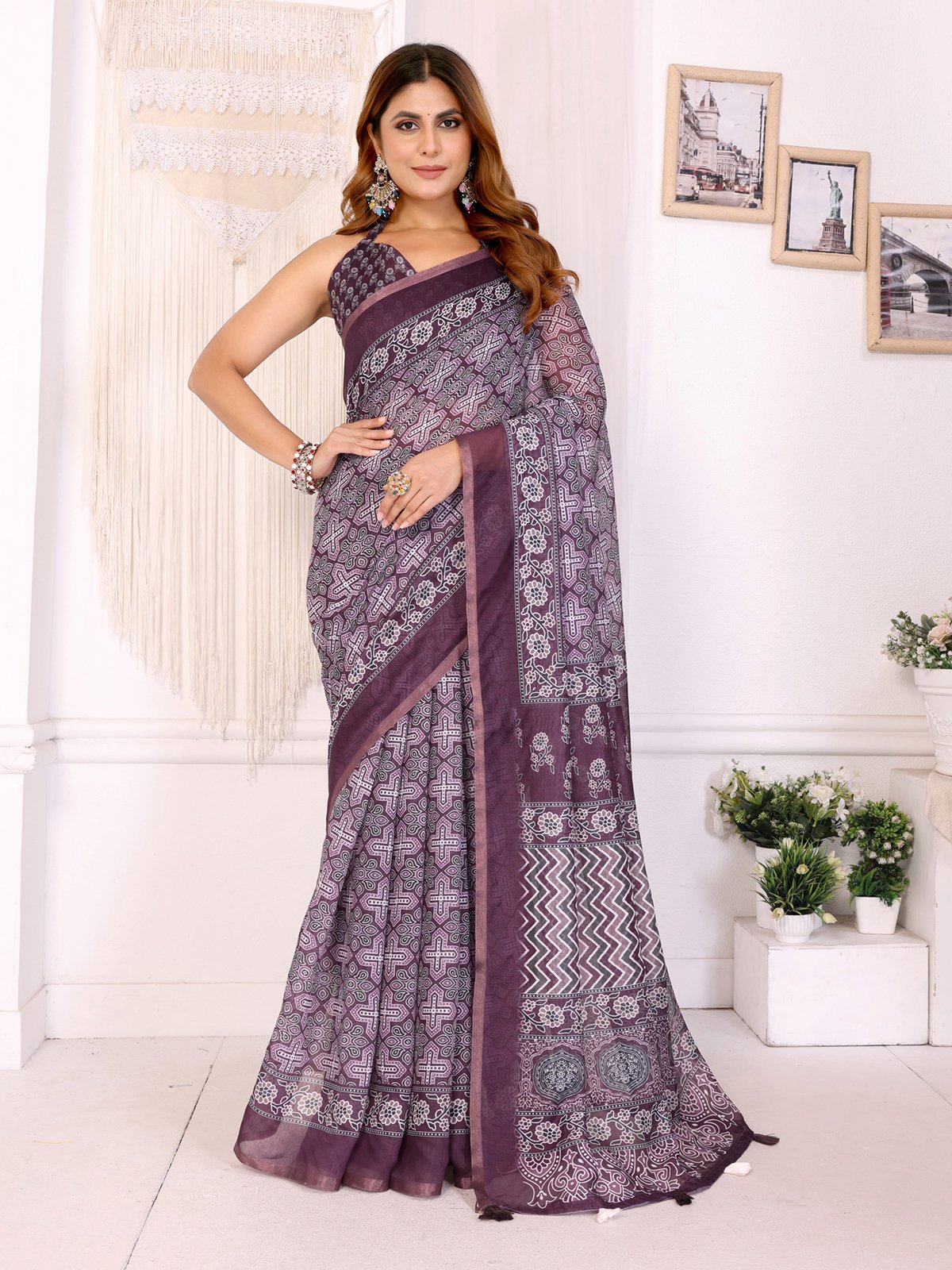 Wine Purple Traditional Printed Chanderi Saree