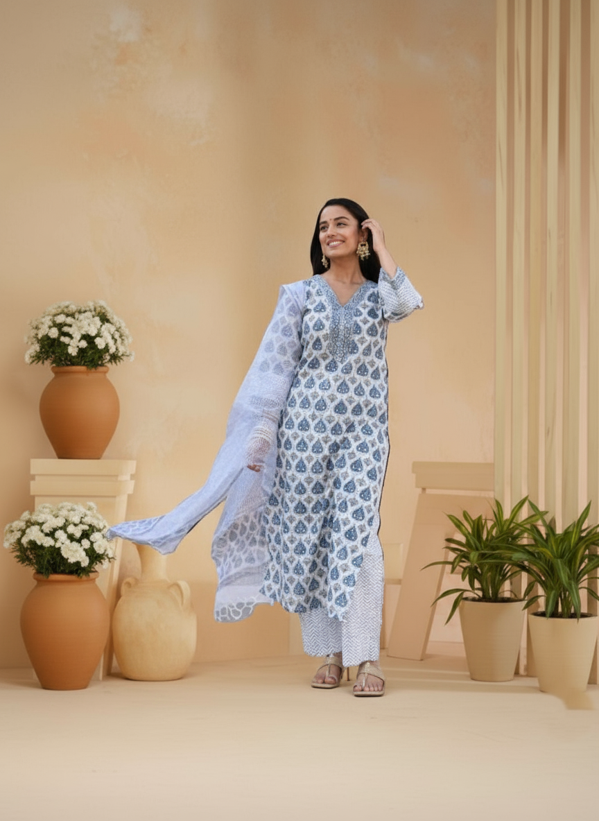 Women Cotton Printed Kurti with Pant and Dupatta Set| Ethnic Kurta Set for Women (3 Piece Set)