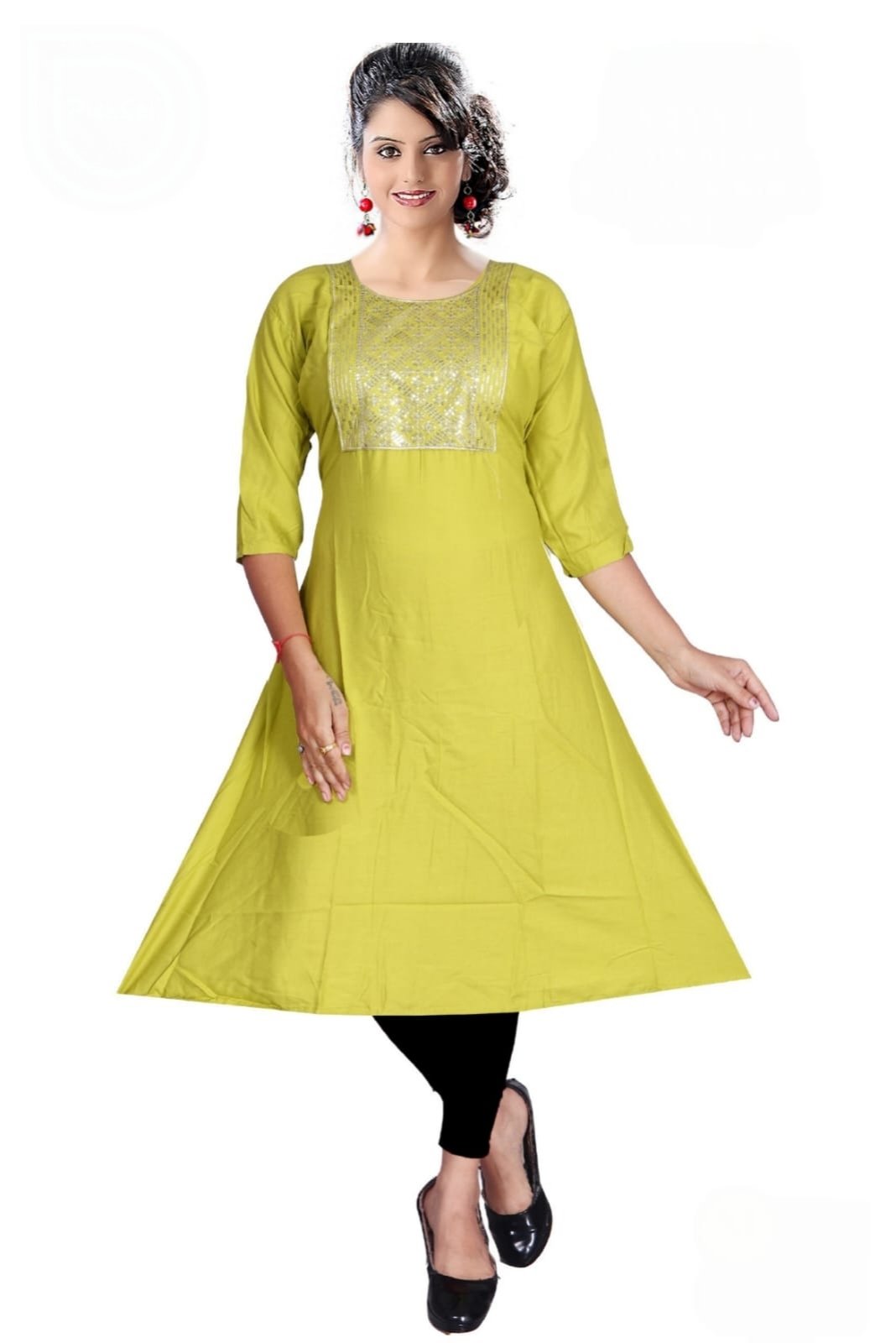 Kurti for Women with Neck Embroidery Work (Green)