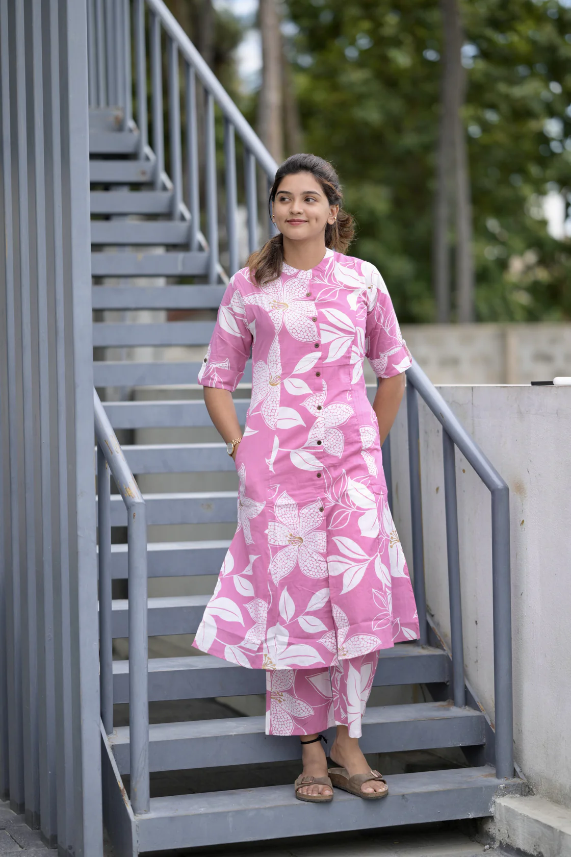 Women's Pink Floral Printed Kurta with Palazzo Set