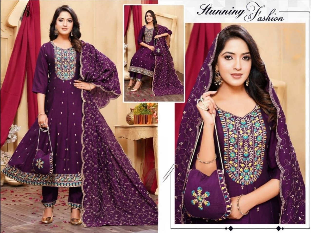 Embroidery Work Ghera Kurti Set With Bottom and Dupatta for Women