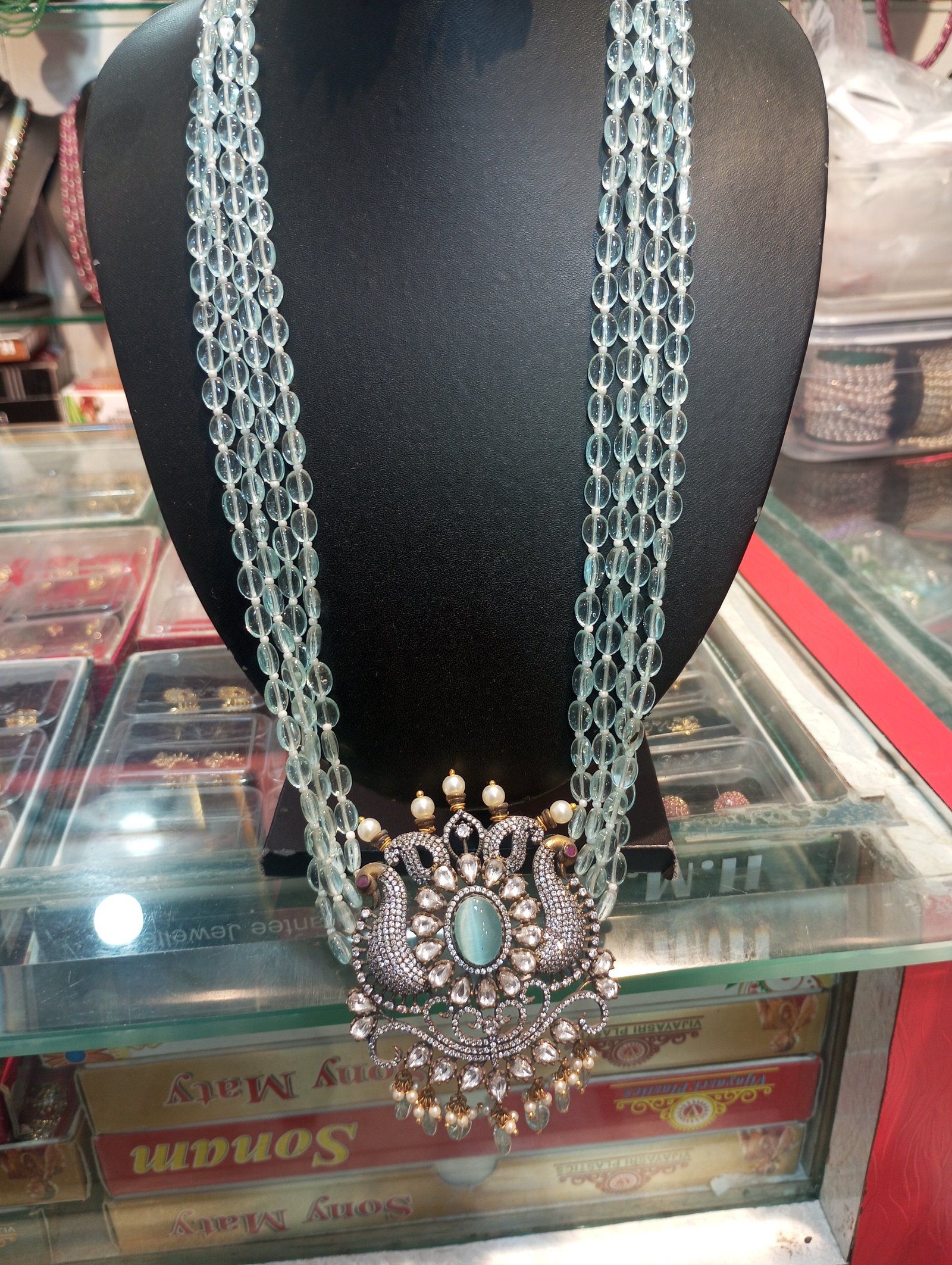 Victoria multi-layered  aqua blue oval beads necklace