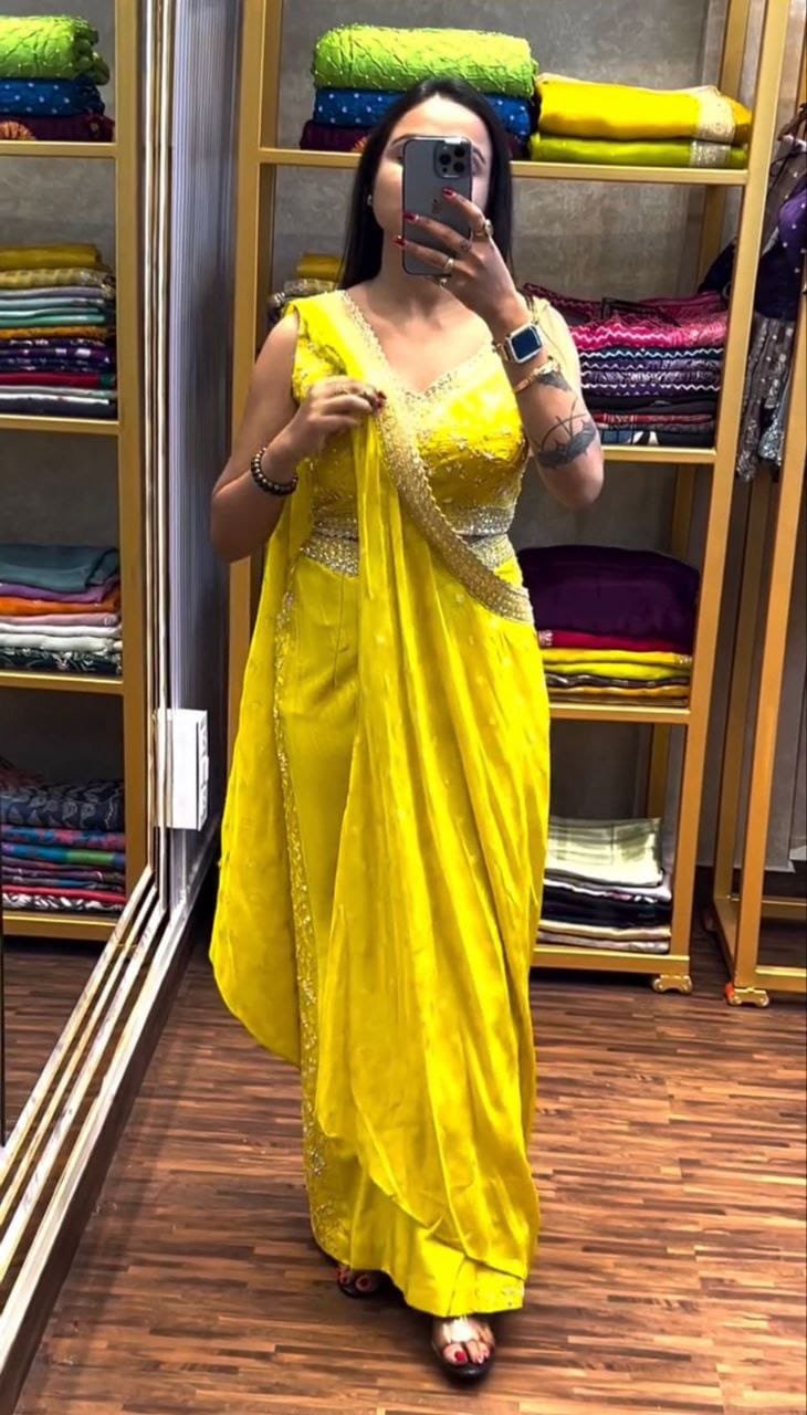 Womens Party Wear Embroidery Work Yellow Color Palazzo Set