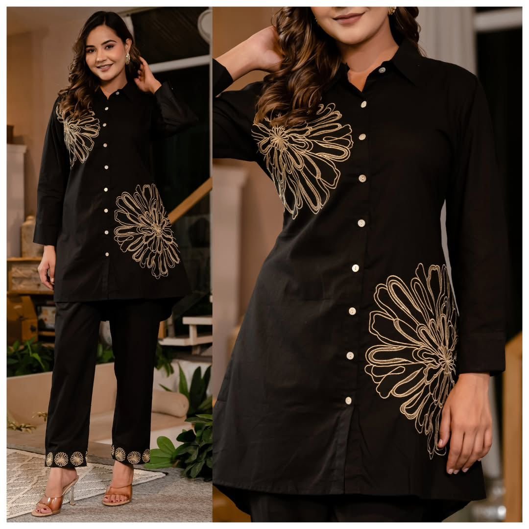 Women’s Black Embroidered Kurti Set with Bottom Wear