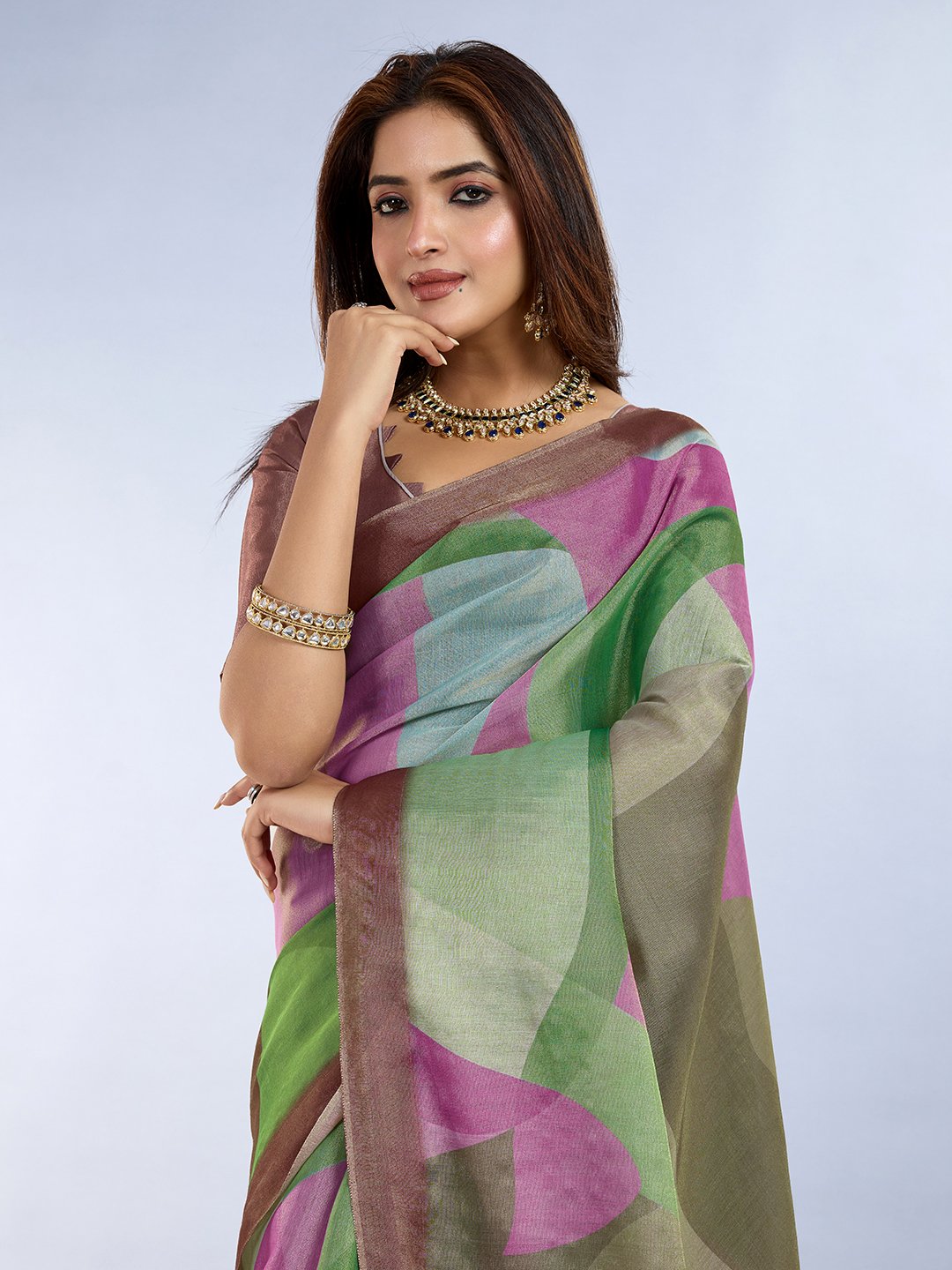 Green & Pink Abstract Printed Saree | woven from premium Erode Anmol Silk