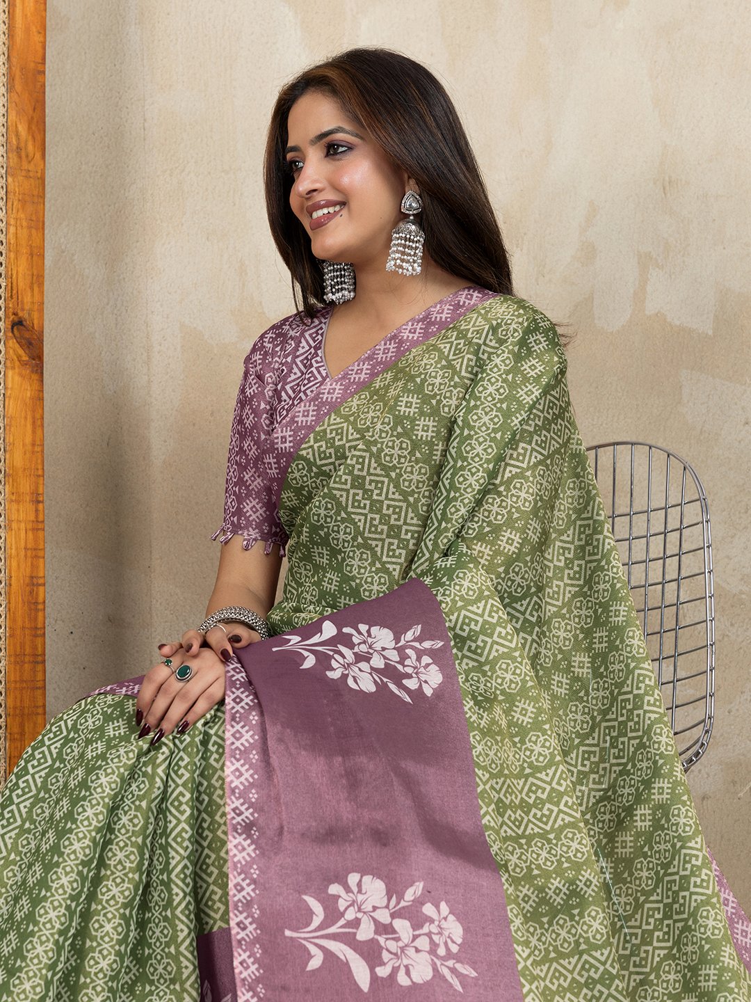 Mauve & Green Dual-Tone Printed Erode Anmol Silk Saree