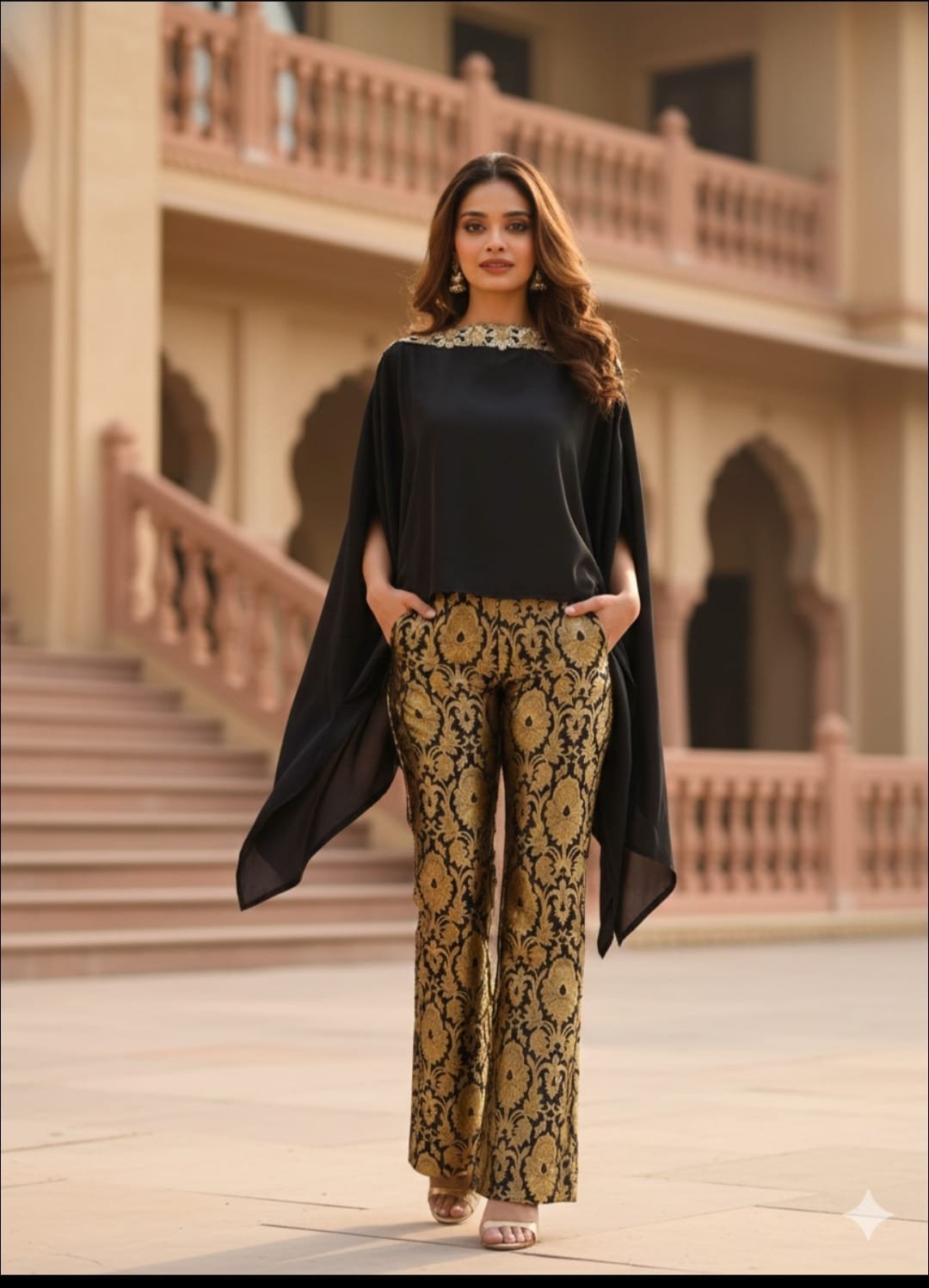 Black Cape Top & Gold Brocade Trouser Set