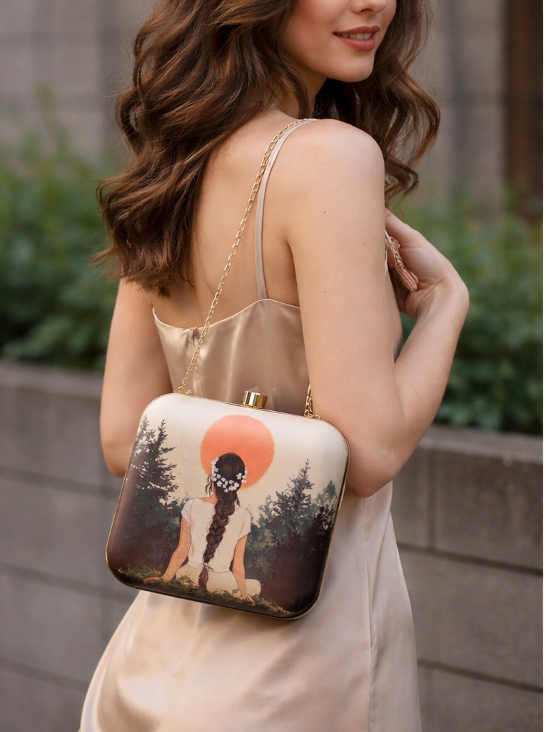 Sunset Muse Box Clutch for Women Beige Orange Printed Sling Purse