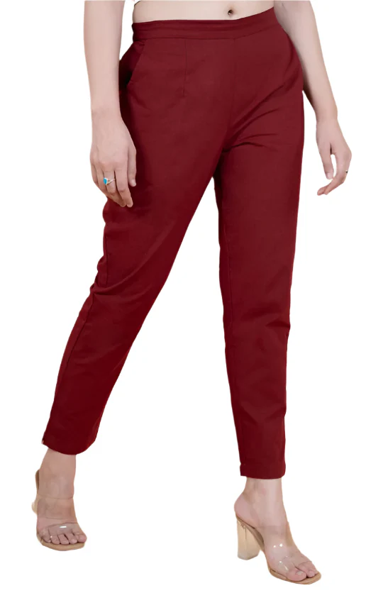 Women’s Maroon Cotton Straight Fit Pants