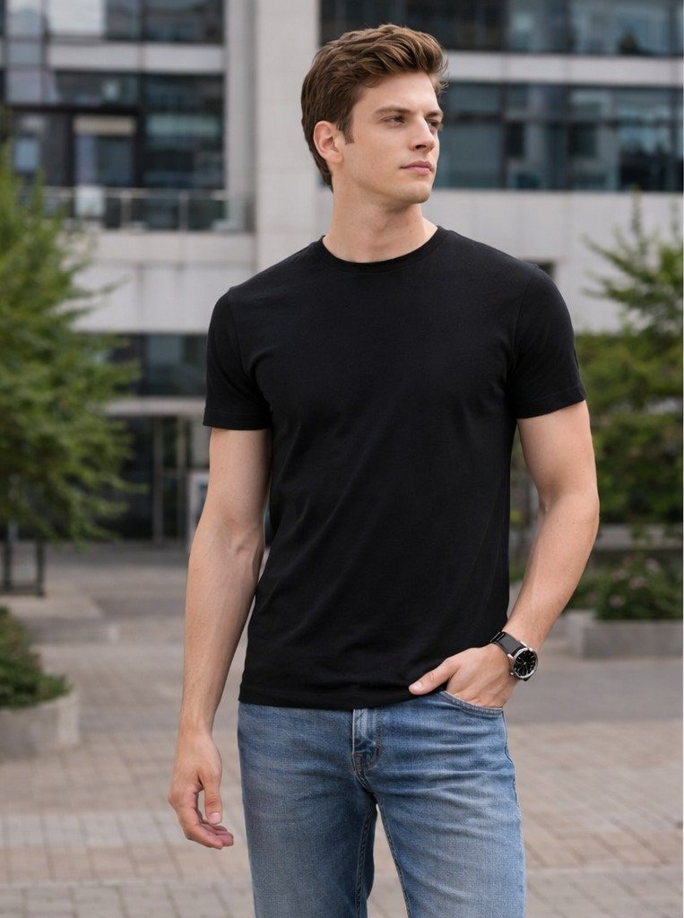Black Cotton Blend Round Neck T-Shirt | MI-160 Classic Black Round Neck T-Shirt