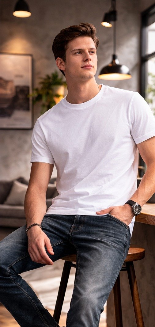 White 200 GSM Cotton Blend Round Neck T-Shirt for Men