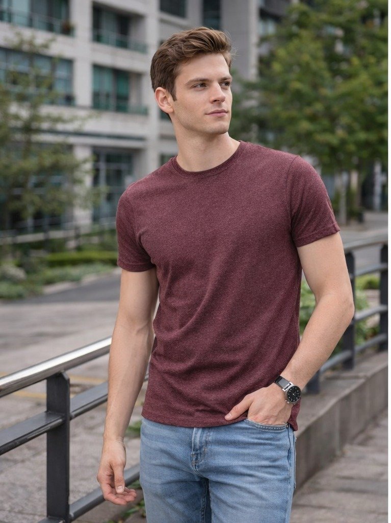 Men Maroon Melange Round Neck Cotton Blend T-Shirt