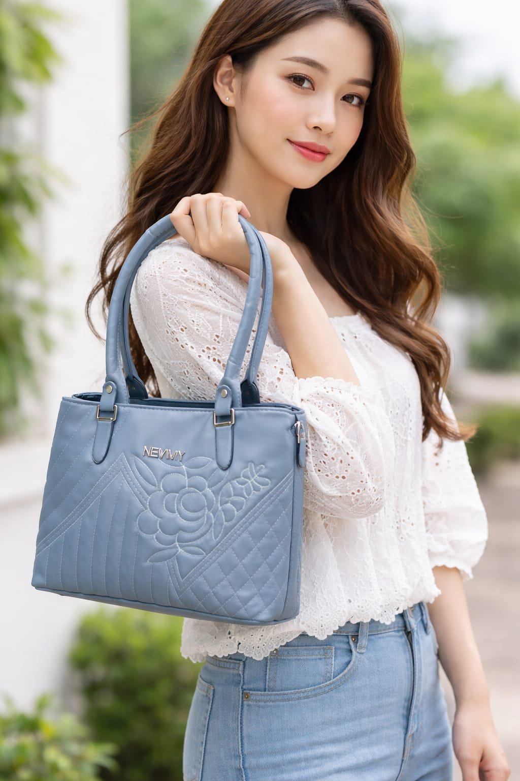 NEVMY Elegant Sky Blue Quilted Floral Handbag for Women | Quilted Handbag for Women