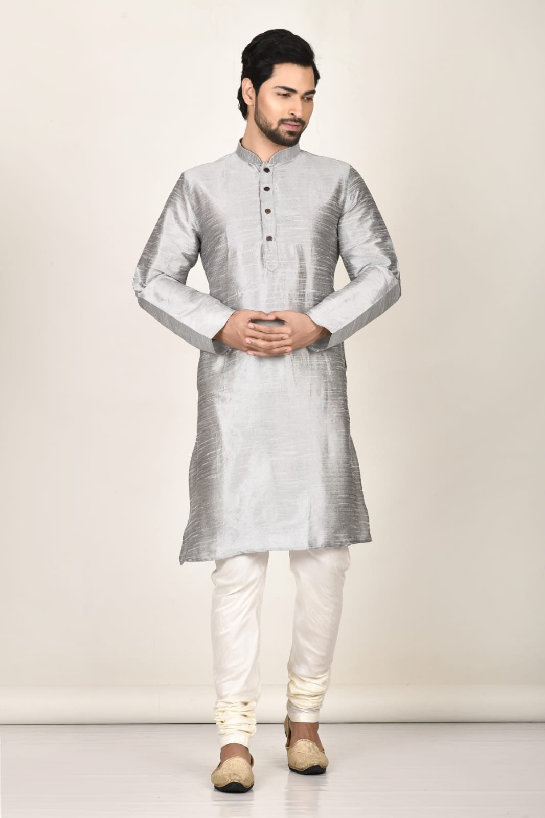 Men’s Silver Grey Silk Kurta Pajama Set – Festive & Wedding Ethnic Wear for Men