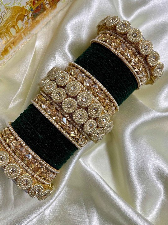 Lucentarts Jewellery Gold Plated Crystal Stone And Pearl Velvet Bridal Chuda Set with Austrian Stone Kadas