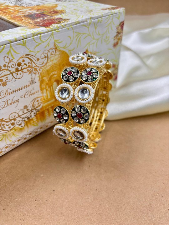 Wedding Chuda Gold Plated Pota Stone And Pearl Bangles Set(Royal Multicolor Kundan Moti Round Stone Designer Kada)