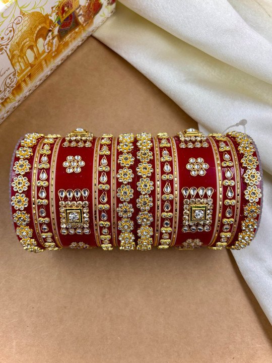 Wedding Chuda Gold Plated Kundan And Austrian Stone Acrylic Bangles Set(Royal Red Kundan Stone Bridal Chuda Set)
