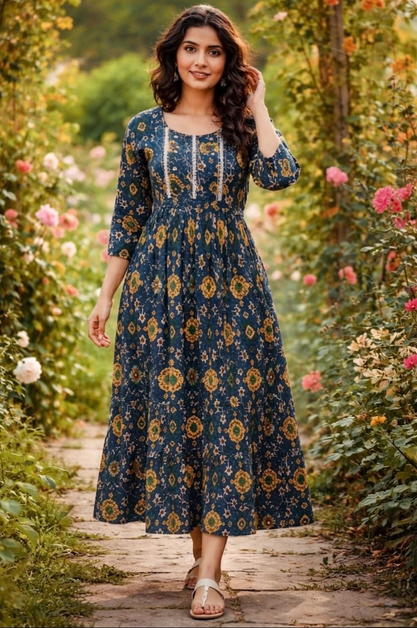Elegant Floral Printed Anarkali Kurti  for Women | Ethnic Long Cotton Dress