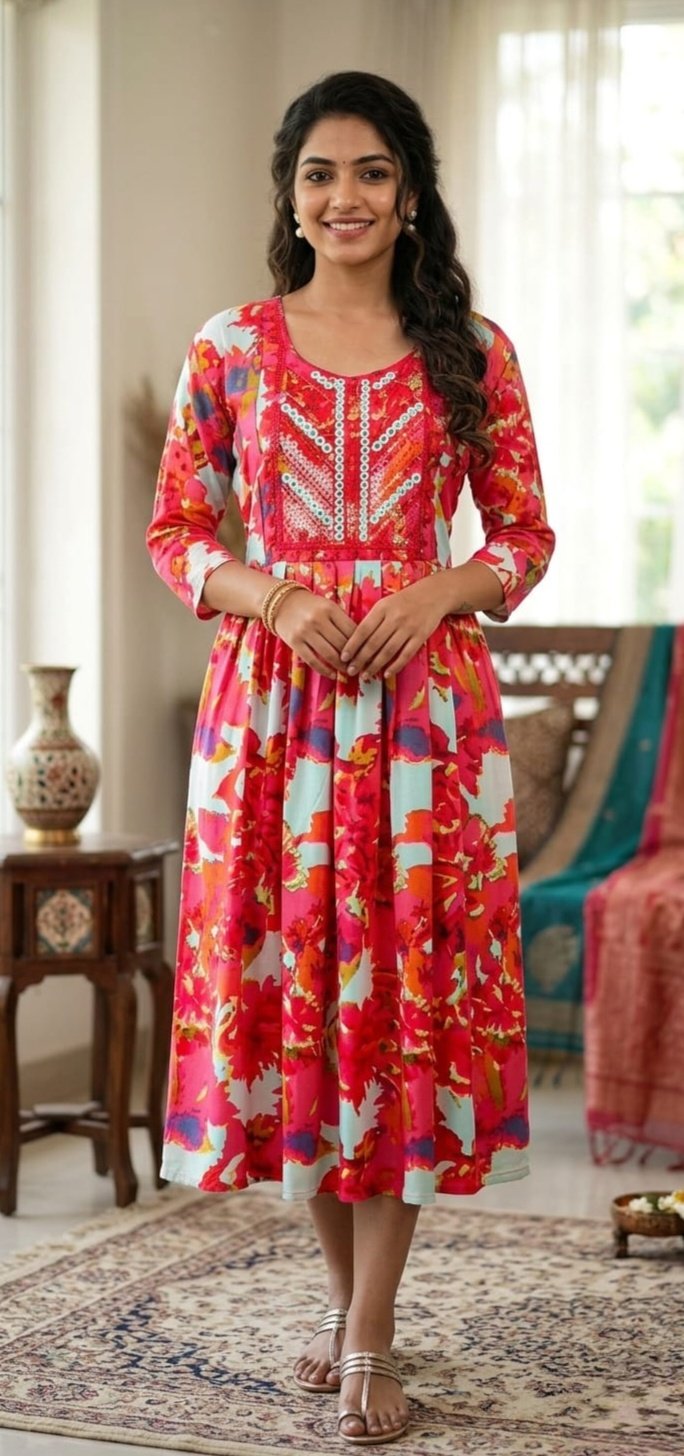 Elegant Floral Printed Anarkali Kurti  for Women | Ethnic Long Cotton Dress for Ethnic Wear online India