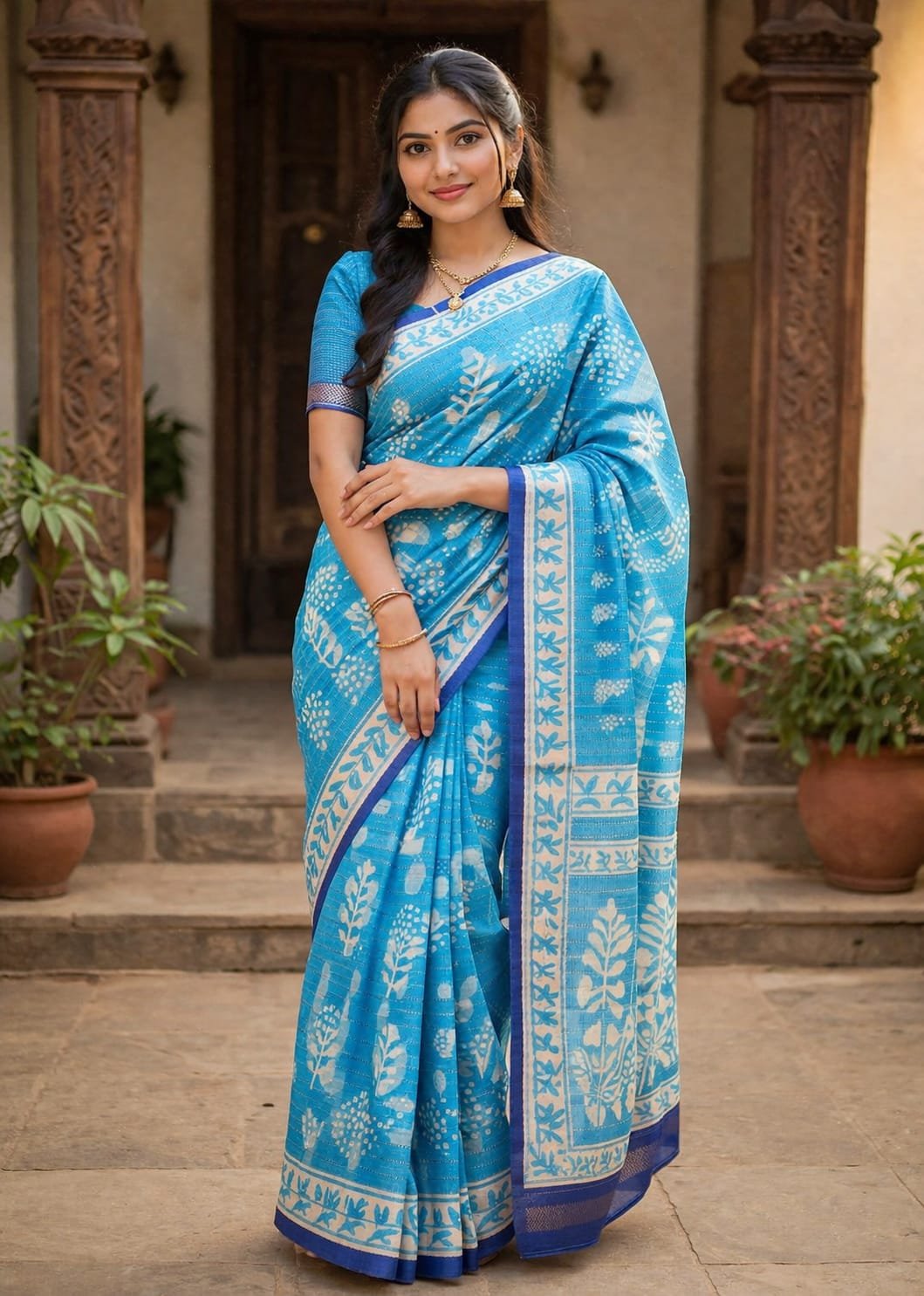Graceful Printed Cotton Blend Saree for Women with Elegant Contrast Border for Ethnic Wear online India