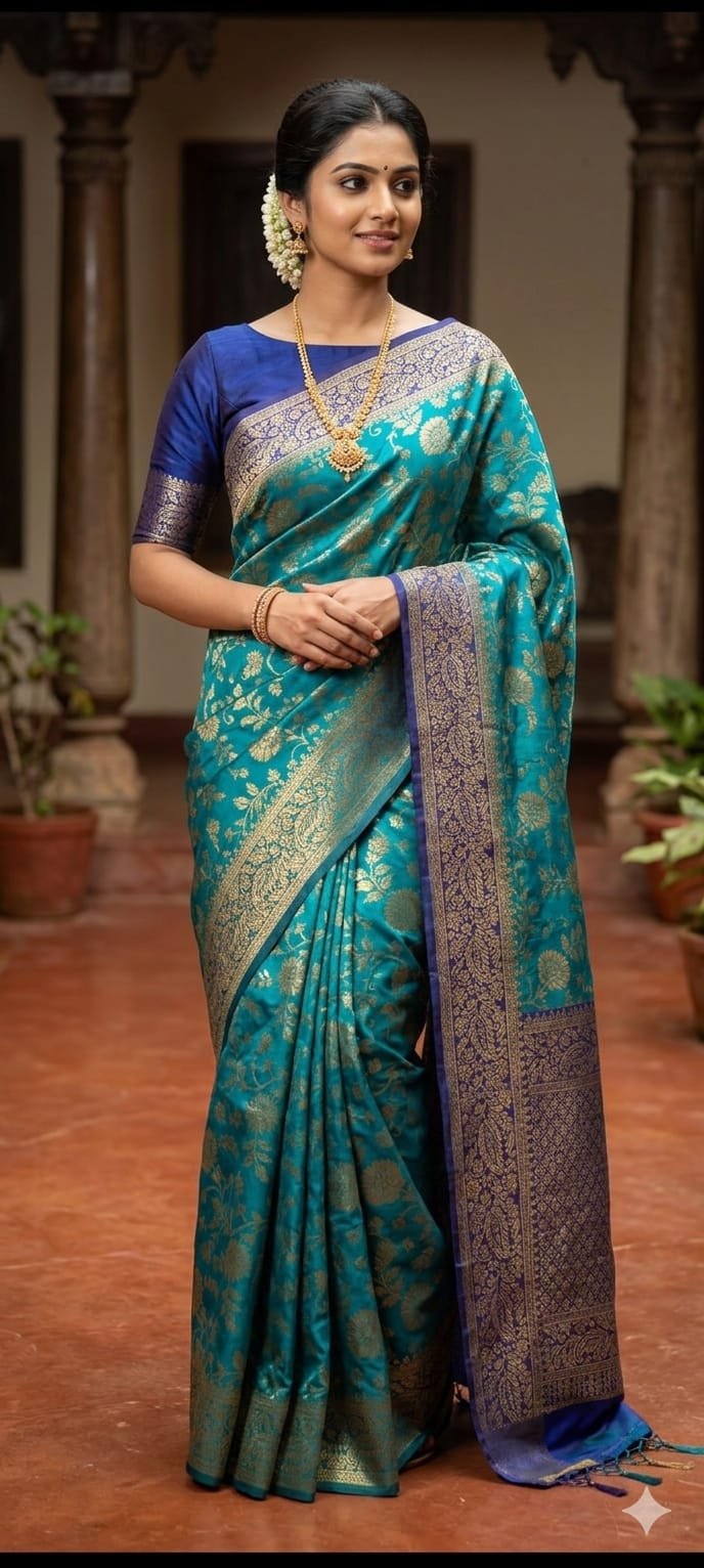 Premium Banarasi Style Silk Blend Saree with Rich Zari Border for Women