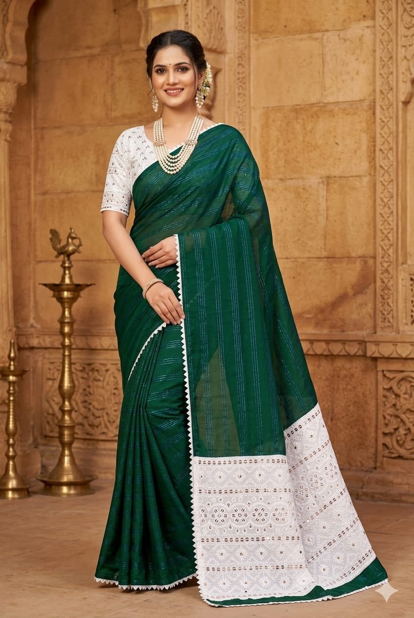 Elegant Linen Cotton Saree for Women with White Embroidered Border