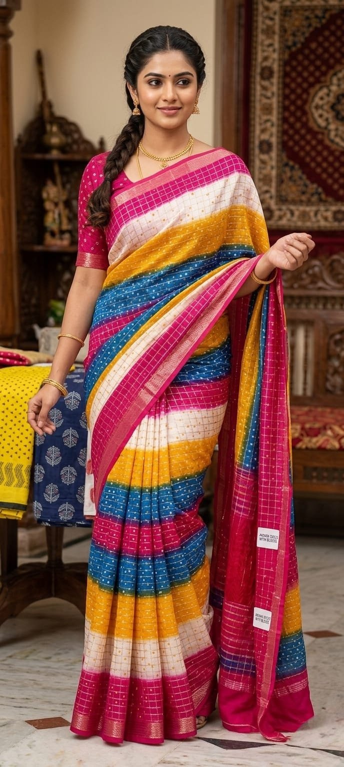 Elegant Multicolor Cotton Blend Printed Saree with Contrast Border & Blouse Piece