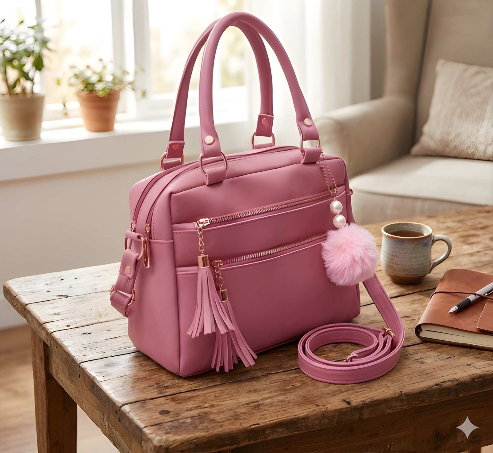 Women’s Stylish Handbag | Spacious Multi-Compartment Design with Golden Hardware & Fur Ball Charm | Perfect for Office, Daily Use, Travel & Parties for Bags online India