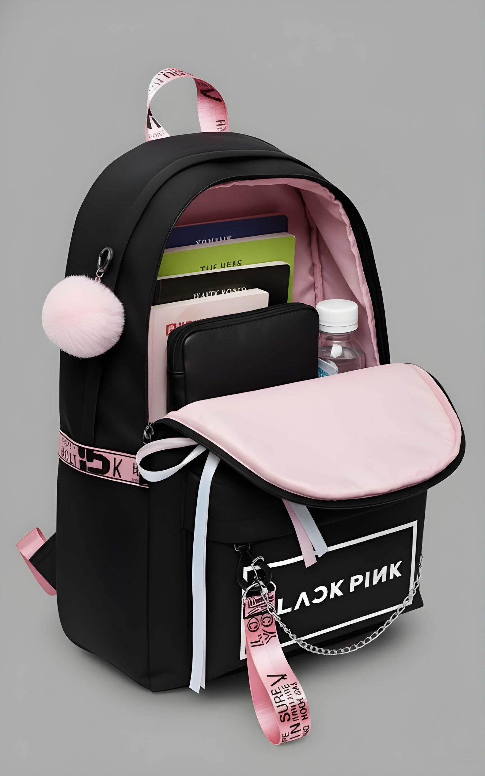 Trendy Women’s Black Backpack with Pink Accents | Lightweight PU Leather School & College Bag with Adjustable Straps, Front Pocket & Fur Charm for Bags online India