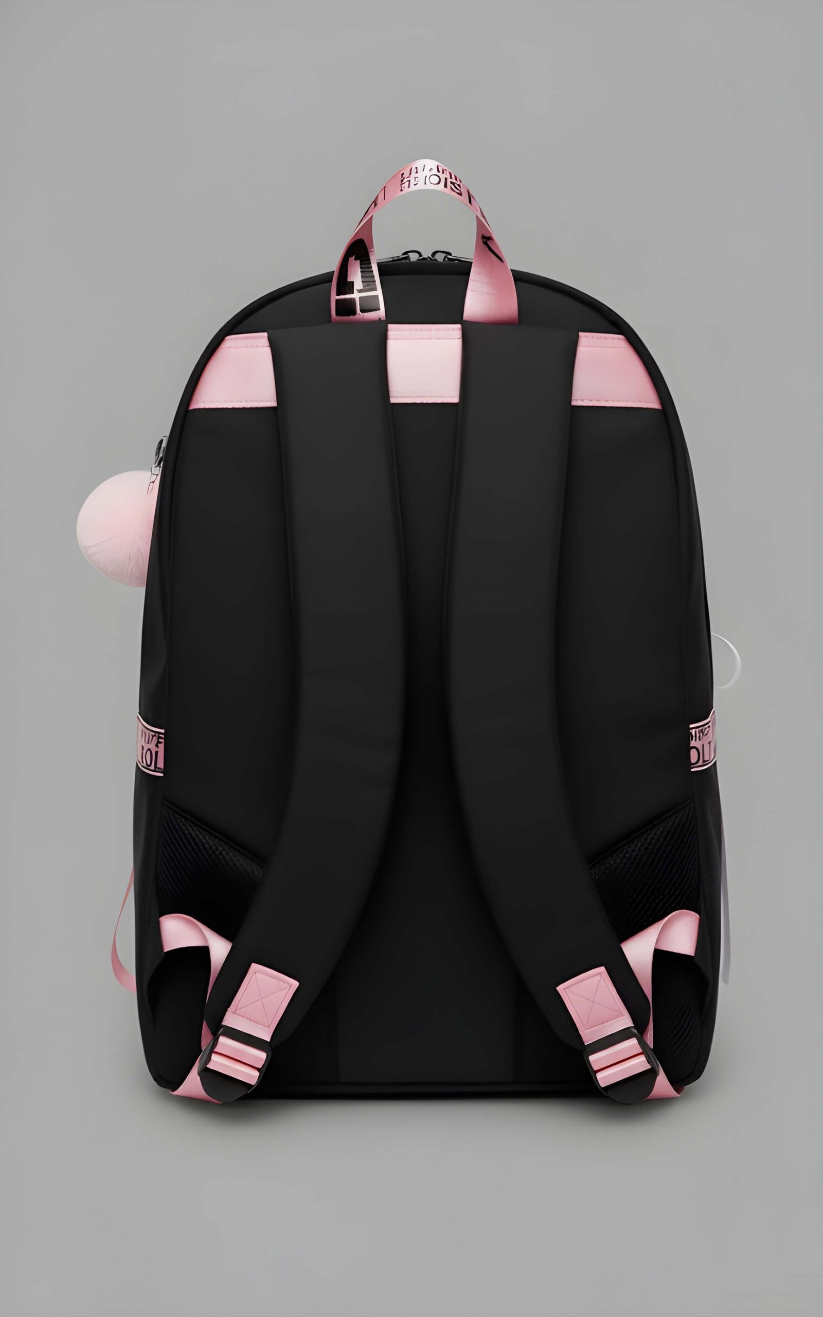 Trendy Women’s Black Backpack with Pink Accents | Lightweight PU Leather School & College Bag with Adjustable Straps, Front Pocket & Fur Charm for Bags online India