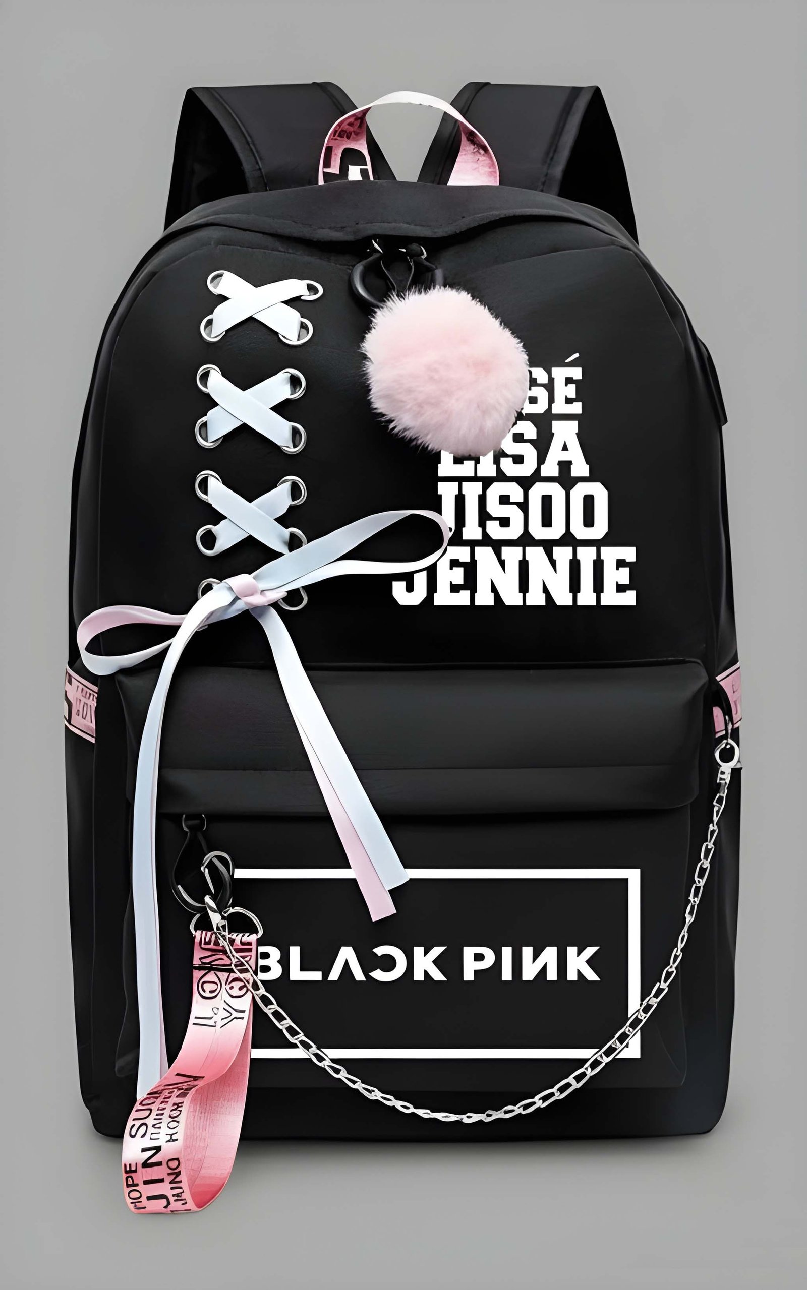 Trendy Women’s Black Backpack with Pink Accents | Lightweight PU Leather School & College Bag with Adjustable Straps, Front Pocket & Fur Charm for Bags online India