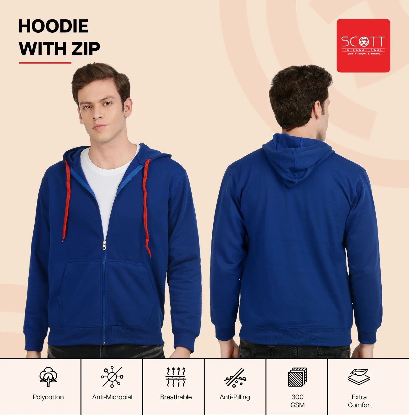 Stylish Navy Melange HOODIES WITH ZIP 300 GSM for Top Wear online India