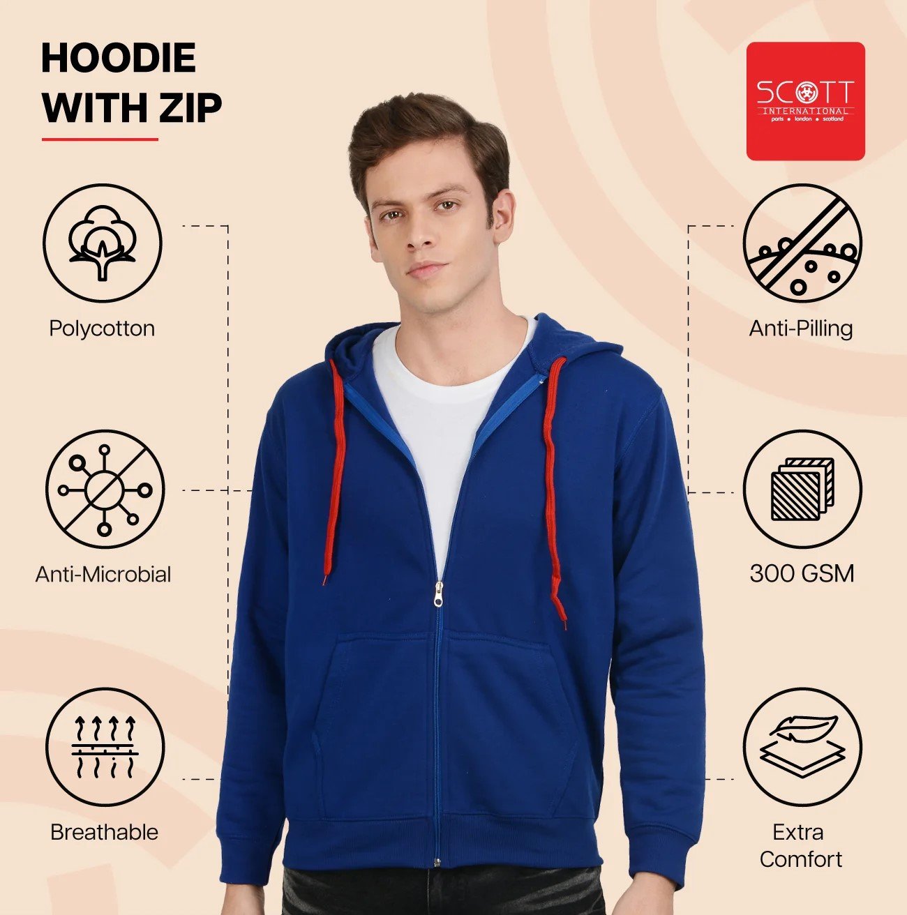 Stylish Navy Melange HOODIES WITH ZIP 300 GSM for Top Wear online India