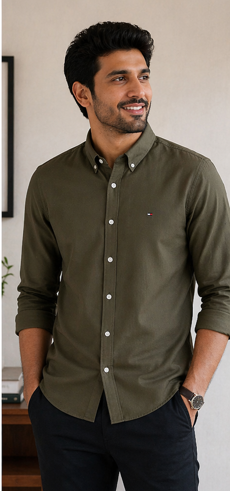 Men’s Solid Cotton Casual Shirt – Olive Green
