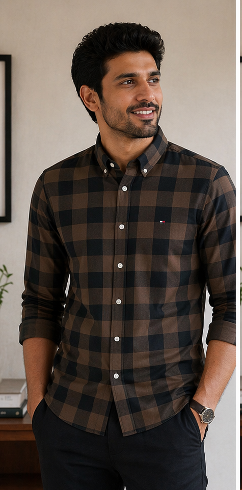 Men’s Premium Cotton Brown Checkered Casual Shirt – Regular Fit