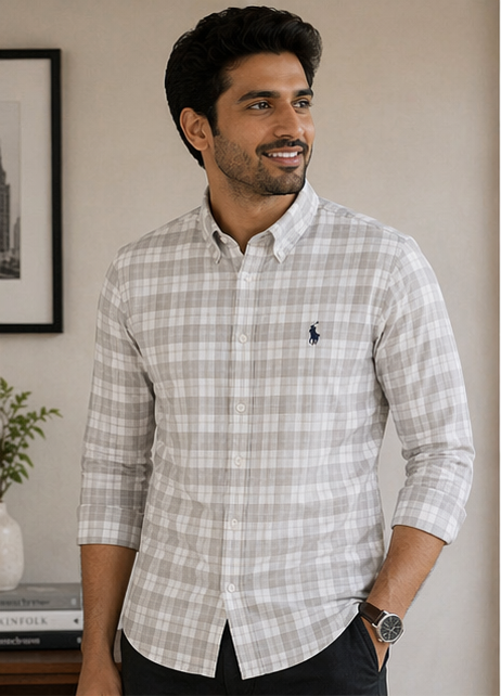 Men’s Slim Fit Light Grey Checked Shirt
