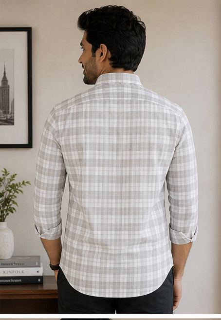 Men’s Slim Fit Light Grey Checked Shirt for Top Wear online India