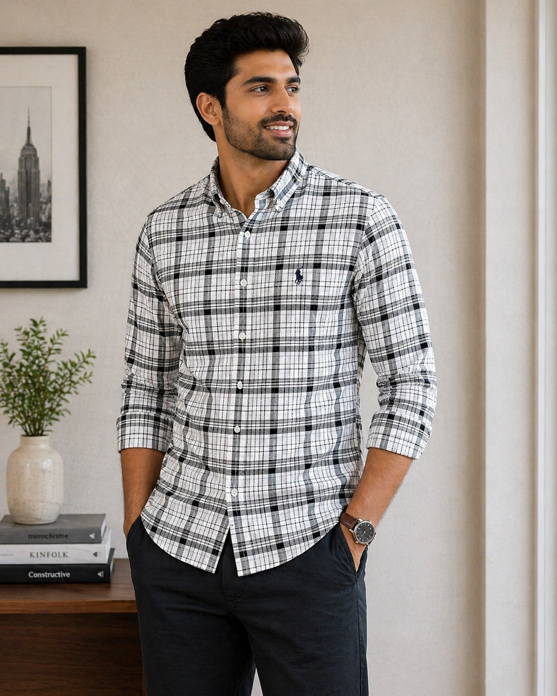 Men’s Slim Fit Black & White Checked Shirt